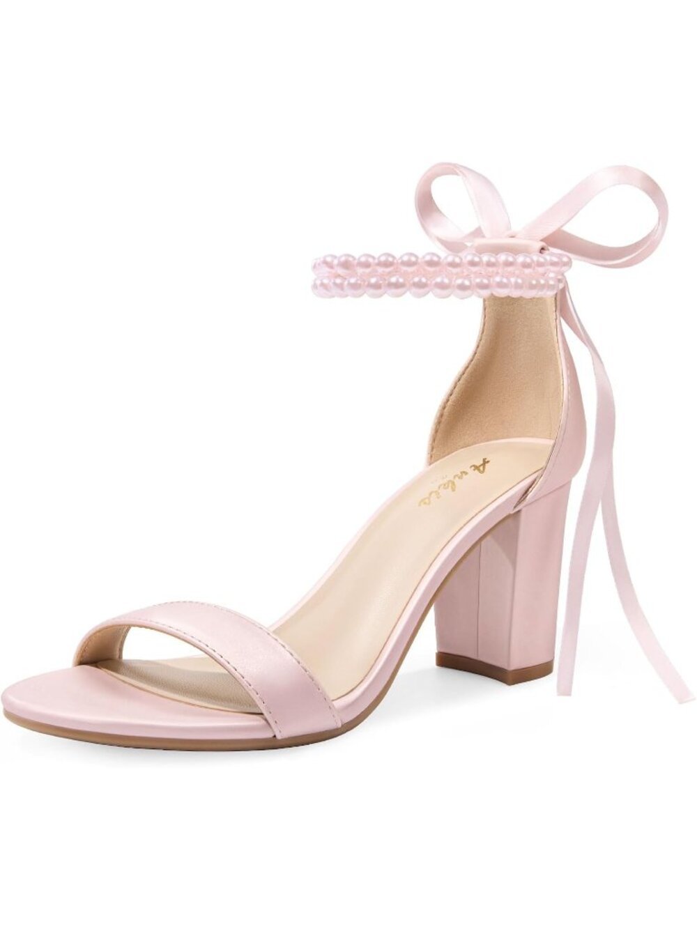 Women's Pink Fashionable Comfort Chunky Heels Pearl Bow Elegant Heeled Sandals
